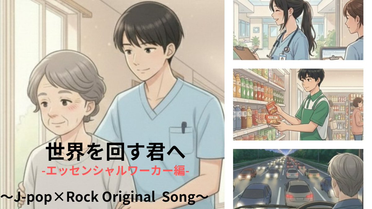 drivenboost's tweet image. 『世界を回す君へ - エッセンシャルワーカー編』
医療・物流・販売…日常を支えるすべての人へ。  
あなたがいるから、世界は回る。  
明日の一歩を支える応援歌です。  

🎧 視聴は↓ youtu.be/N_3YXi8rnX4?si…

#看護師 #リハビリ #物流  #ドライバー #エッセンシャルワーカーに感謝 #suno  #JPOP