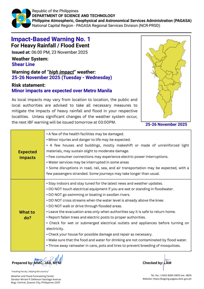 dost_pagasa's tweet image. IMPACT-BASED WARNING NO. 1 (Heavy Rainfall / Flood Event)
Issued at: 06:00PM, 23 November 2025
Weather System: Shear Line
Warning date of “high impact” weather: 25-26 November 2025 (Tuesday to Wednesday)

As local impacts may vary from location to location, the public and local…