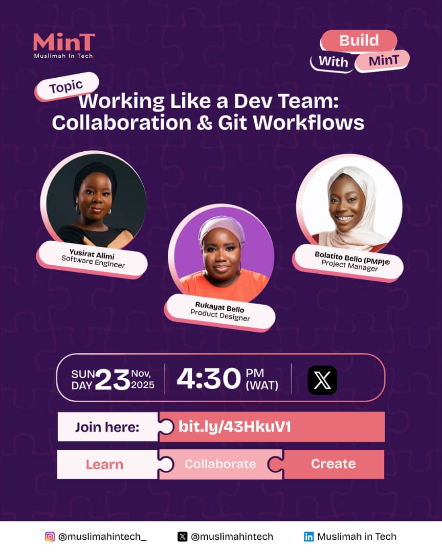 muslimahintech's tweet image. Working on a project means one thing — collaboration.

Devs, Designers, PMs… we always find ourselves working side-by-side. And if you’ve ever been in that mix, you already know the issues that do comes with it 🥲.
Set a reminder now: x.com/i/spaces/1mnxe… 💜

#BuildWithMinT
