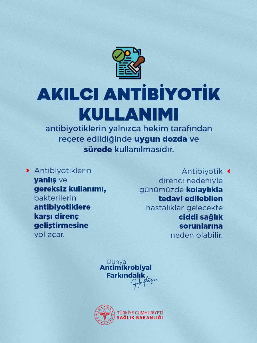 Akılcı antibiyotik kullanımı, antibiyotiklerin yalnızca hekim tarafından reçete edildiğinde uygun dozda ve sürede kullanılmasıdır.

#DünyaAntimikrobiyalFarkındalıkHaftası