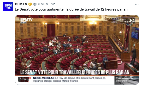 p_duval's tweet image. Le sénat avec les bancs à 90% vides vient de supprimer 1,5 RTT par an ou d&apos;ajouter 15 minutes à la semaine de travail.

Un sénateur c&apos;est 19 semaines de congés payés par an et 7 100€ par mois.