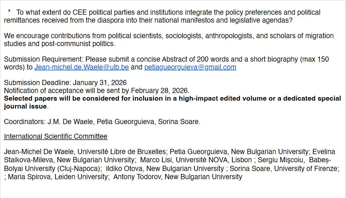 📌 CALL FOR PAPERS

Porous Politics: Diasporic Engagement and the Redefinition of Party Politics in Central and Eastern Europe (May 4, 2026)

🗺️ New Bulgarian University, Sofia
  
⏰ DEADLINE: January 31, 2026