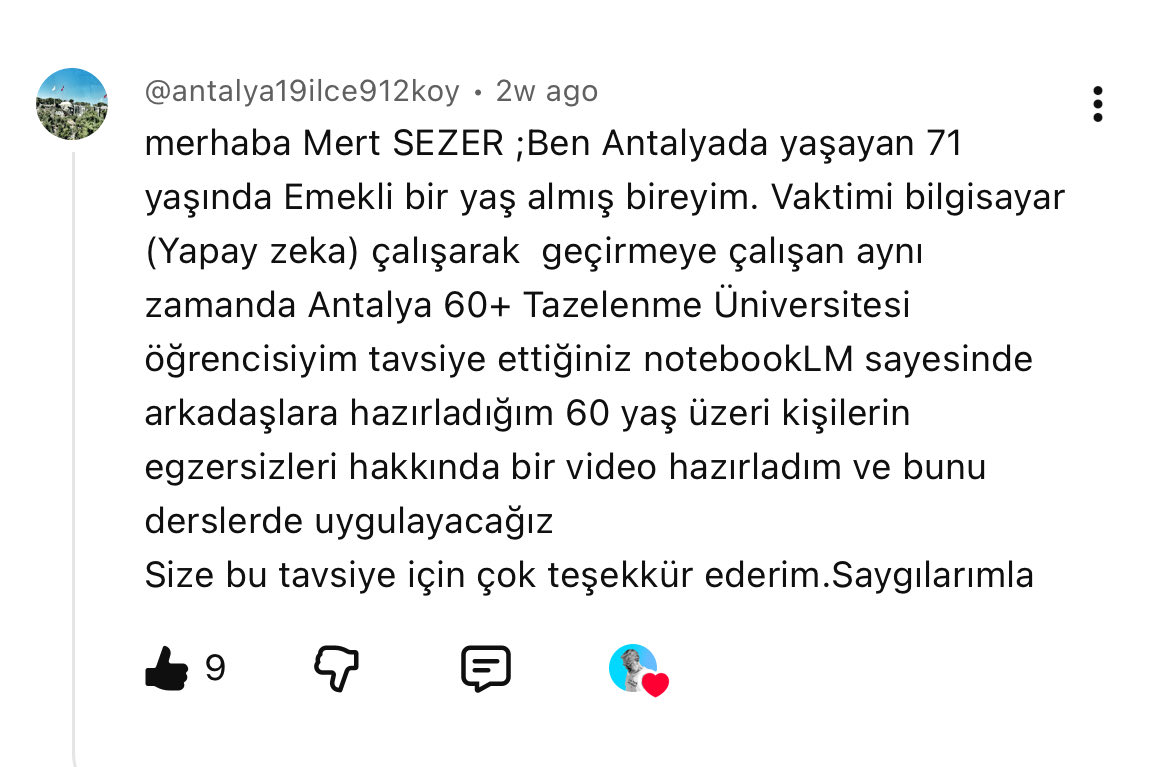 basaarkaya's tweet image. Nihayet vakit bulup NotebookLM’i kullanmayı öğrenmek için @mertsezer’in son videosunu izledim. Yorumlarda görebildiğim kadarıyla gündelik hayatta çok farklı şekillerde kullananlar ve içerik tüketenler var.