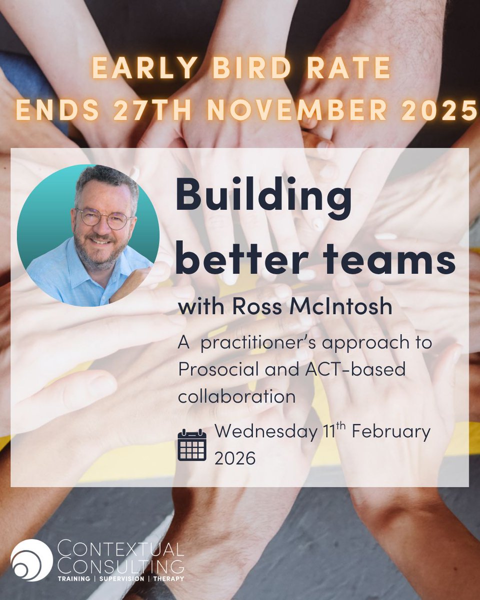 contextconsult's tweet image. Don’t miss your last chance to save on two workshops designed to deepen your ACT practice!

Join Ross McIntosh in Building better teams buff.ly/ziFITLw 

Dr. Toni Lindsay hosts ACT at the end of life buff.ly/uyNvuyA 

Register now and save!

#ACTTraining