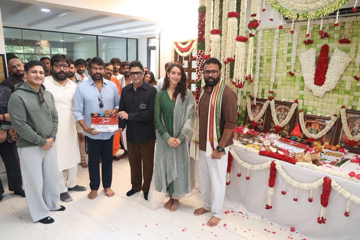 India’s Biggest Superstar #Prabhas’s #SPIRIT is now ON FLOORS.

A massive start led by #BhushanKumar &amp; <a href="/imvangasandeep/">Sandeep Reddy Vanga</a>. Muhurat puja graced by Prabhas, <a href="/tripti_dimri23/">Triptii Dimri</a>, <a href="/VangaPranay/">Pranay Reddy Vanga</a>, <a href="/ShivChanana/">Shiv Chanana</a> &amp; Megastar <a href="/Kchirutweets/">Chiranjeevi Konidela</a> as special guest. 🙏🔥

#OneBadHabit