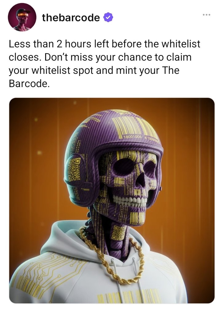 CAONHTAN1's tweet image. 2h left~
Dont miss freemint on farcaster
Get whitelist here: farcaster.xyz/thebarcode/0xc…
#NFT #base #freemint #thebarcode #Farcaster