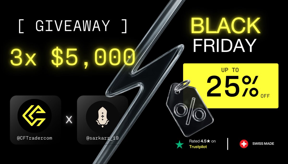 🚨New giveaway &amp; Black friday promo🚨

To Enter:
- Follow <a href="/CFTradercom/">Crypto Fund Trader</a> &amp; <a href="/CFTradercomES/">Crypto Fund Trader Español</a> 
- Like &amp; retweet
- Comment "CFT"

Winners will be announced soon!

Also, don't miss 25% off on any account. 

Click the link below 👇 for your discount:
cryptofundtrader.com/?_by=sarkar