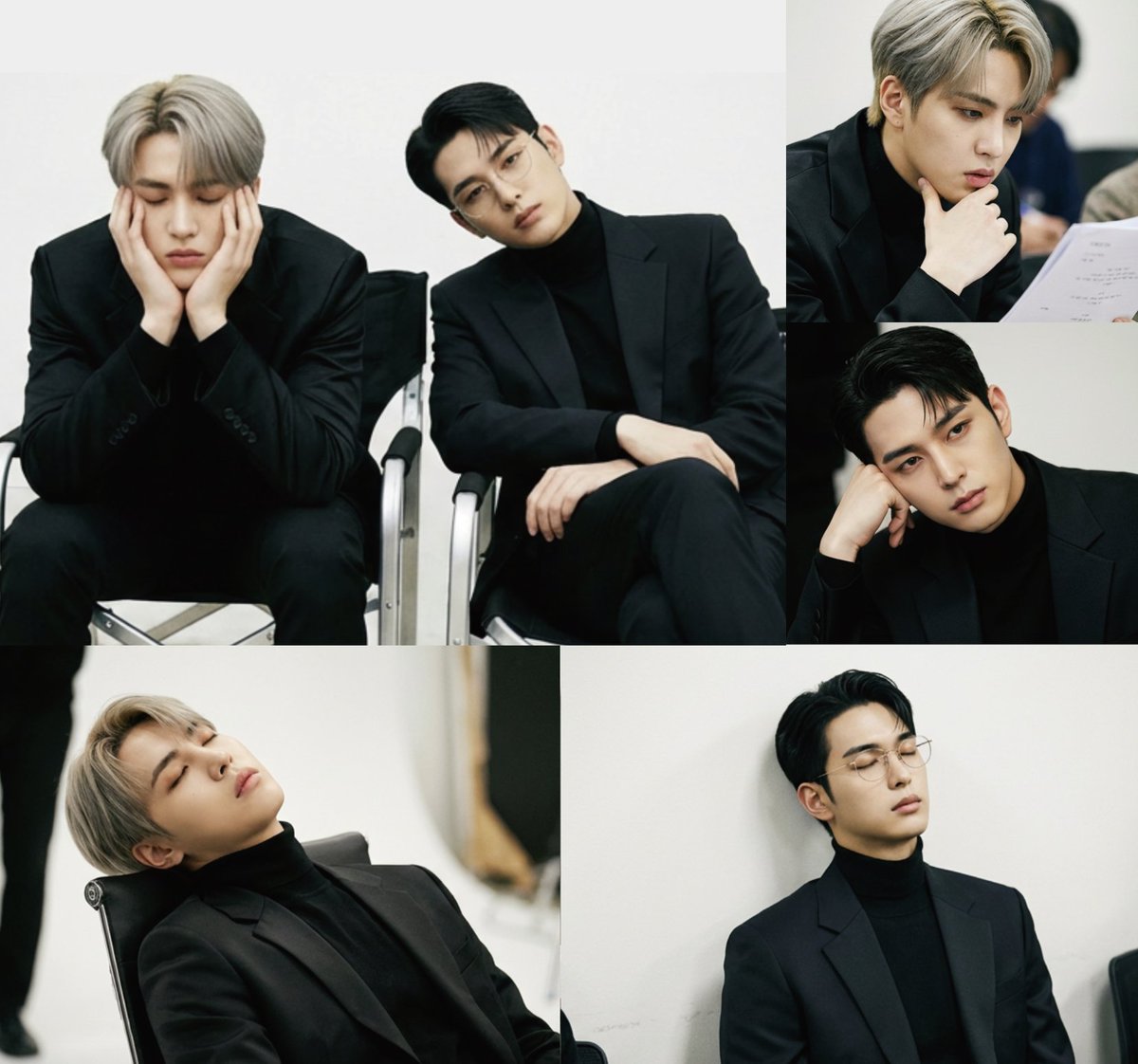 Aether_lab_'s tweet image. [撮影の裏側] 漆黒シリーズは今夜でラスト！実は、LEOとJUNは同じ現場にいたんです。ふたりともお疲れモード。JUNの「何か？」という顔がたまらんです。
  #Aether #アイドルのギャップ #推し活 ＃撮影の裏側 ＃AIアイドル