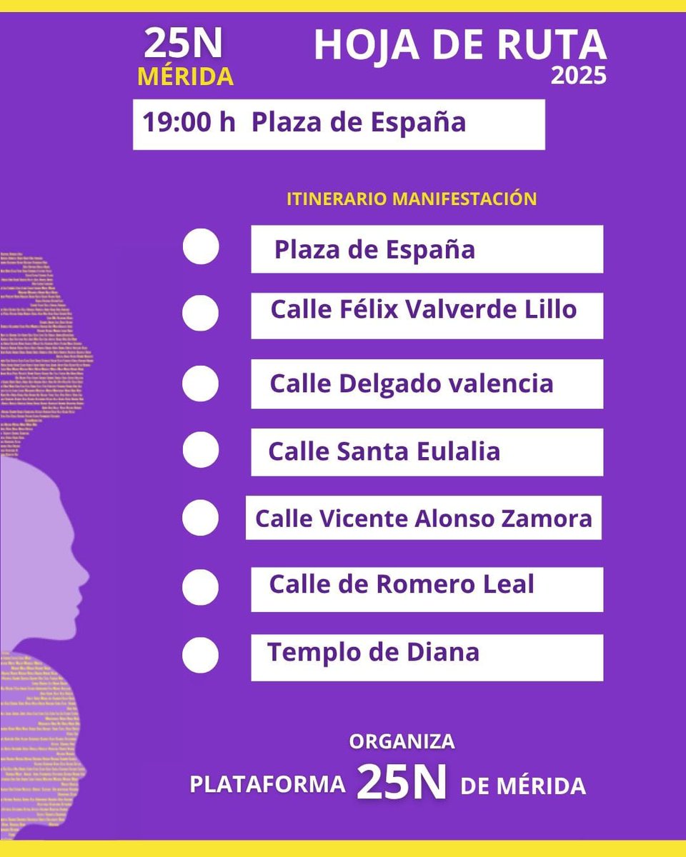 🟣 Manifestación por el Día Internacional de la Eliminación de la Violencia contra la Mujer

📆 Martes 25 de noviembre 
⏰ 19 horas
📍 Plaza España de #Mérida