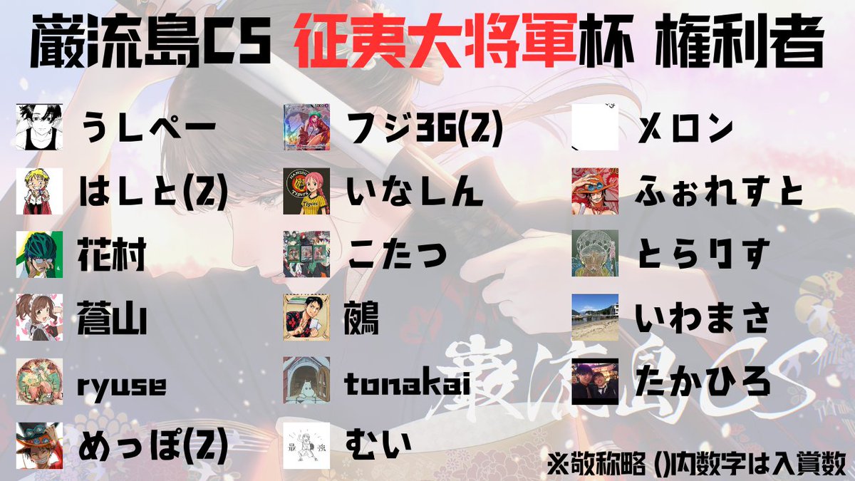 op09_Ganryu's tweet image. 征夷大将軍杯の権利獲得者、入賞数はこちら👀！

#巌流島CS