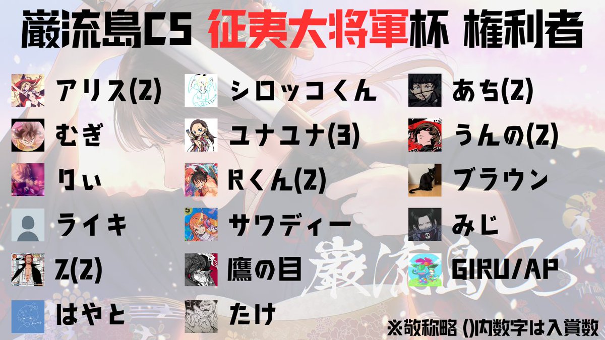 op09_Ganryu's tweet image. 征夷大将軍杯の権利獲得者、入賞数はこちら👀！

#巌流島CS