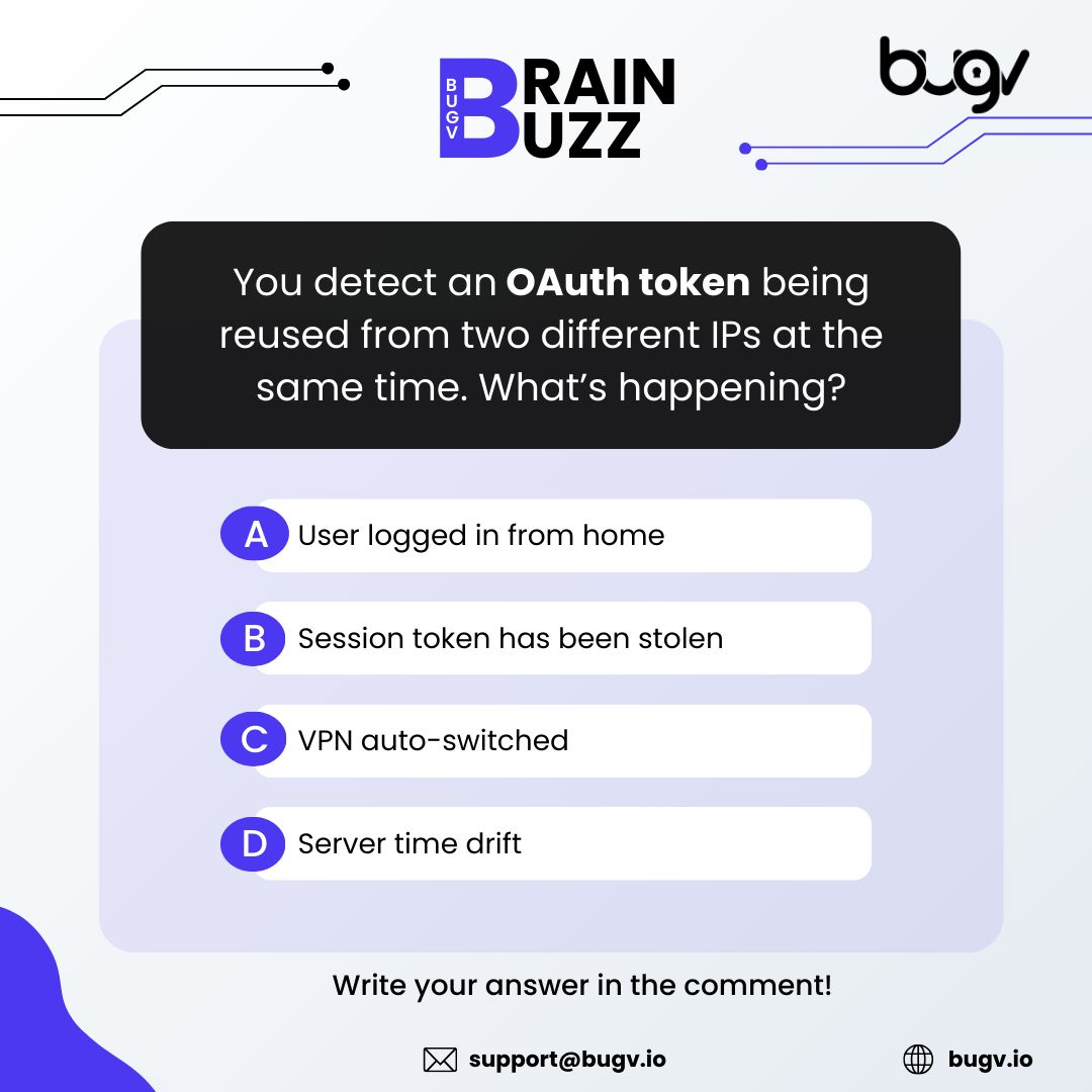 bugvsecurity's tweet image. An OAuth token is being used from two different IPs at the same time.
What’s really happening?

A) User from home
B) Session token stolen
C) VPN switched
D) Time drift

Drop your answer 👇
#CyberSecurity #BugBounty #OAuth #Hacking #Bugv