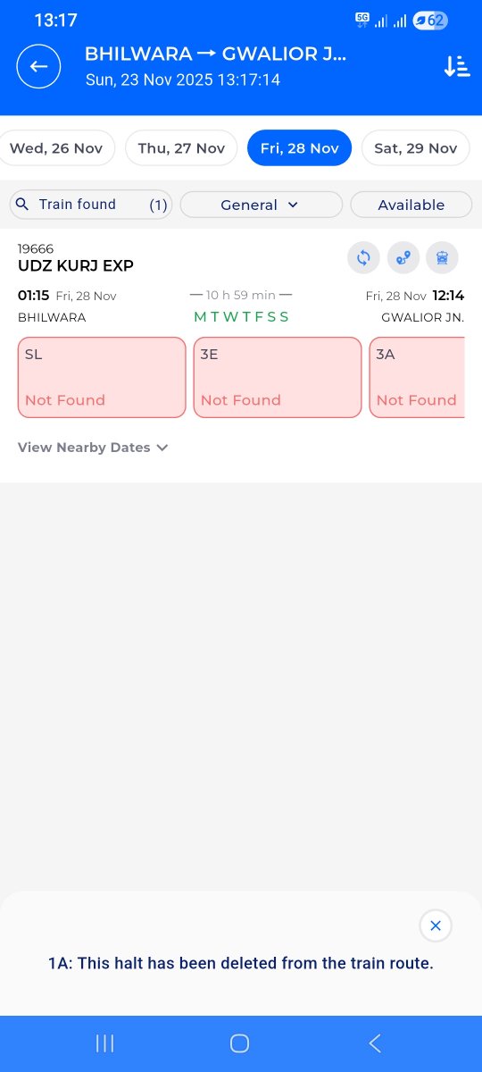 RANAWAT's tweet photo. @NWRailways Why Booking not possible for this train number 19666 from bhilwara date from 24/11/2025 to 29/11/2025 https://t.co/GdYLCF2Jjz