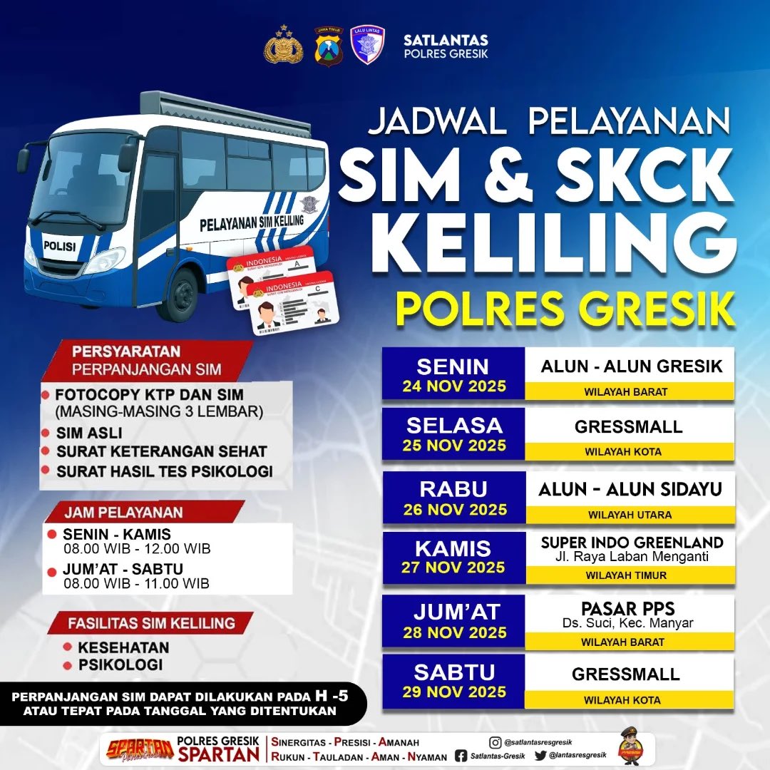rovanmahenu's tweet image. Hallo Rekk!!
Jadwal Sim Keliling untuk pekan ini (24 November - 29
November 2025) sudah keluar.
Catat tanggal dan lokasinya, ya!
Jangan sampai kelewatan, ya
#simkelilinggresik #gresik #satlantaspolresgresik
#polresgresik