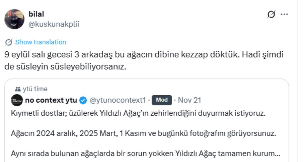 solcugazete60's tweet image. YTÜ’de her kış süslenen Yıldızlı Ağaç, 3 kişinin döktüğü kezzapla kurutuldu.

Ağaca kezzap döken kişilerden biri, bu durumu övünerek sosyal medya hesabından paylaştı.