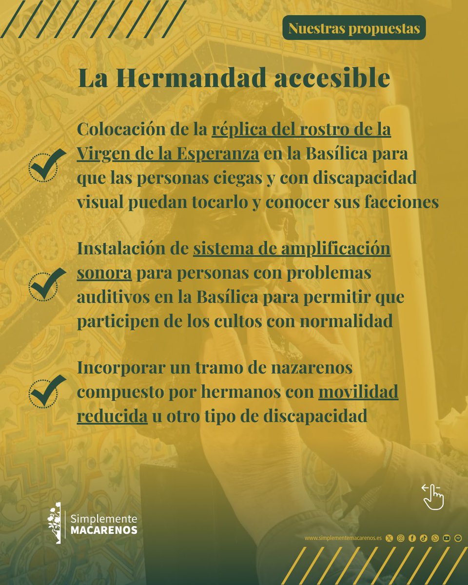SimpMacarenos's tweet photo. ✨Una Hermandad abierta que no deja a nadie atrás también mira por aquellos hermanos y devotos con algún tipo de. diversidad funcional.

Por ello vamos a favorecer la accesibilidad universal en la Hermandad y sus instalaciones.

Porque todos somos #SimplementeMacarenos https://t.co/ubSMCDl8QK