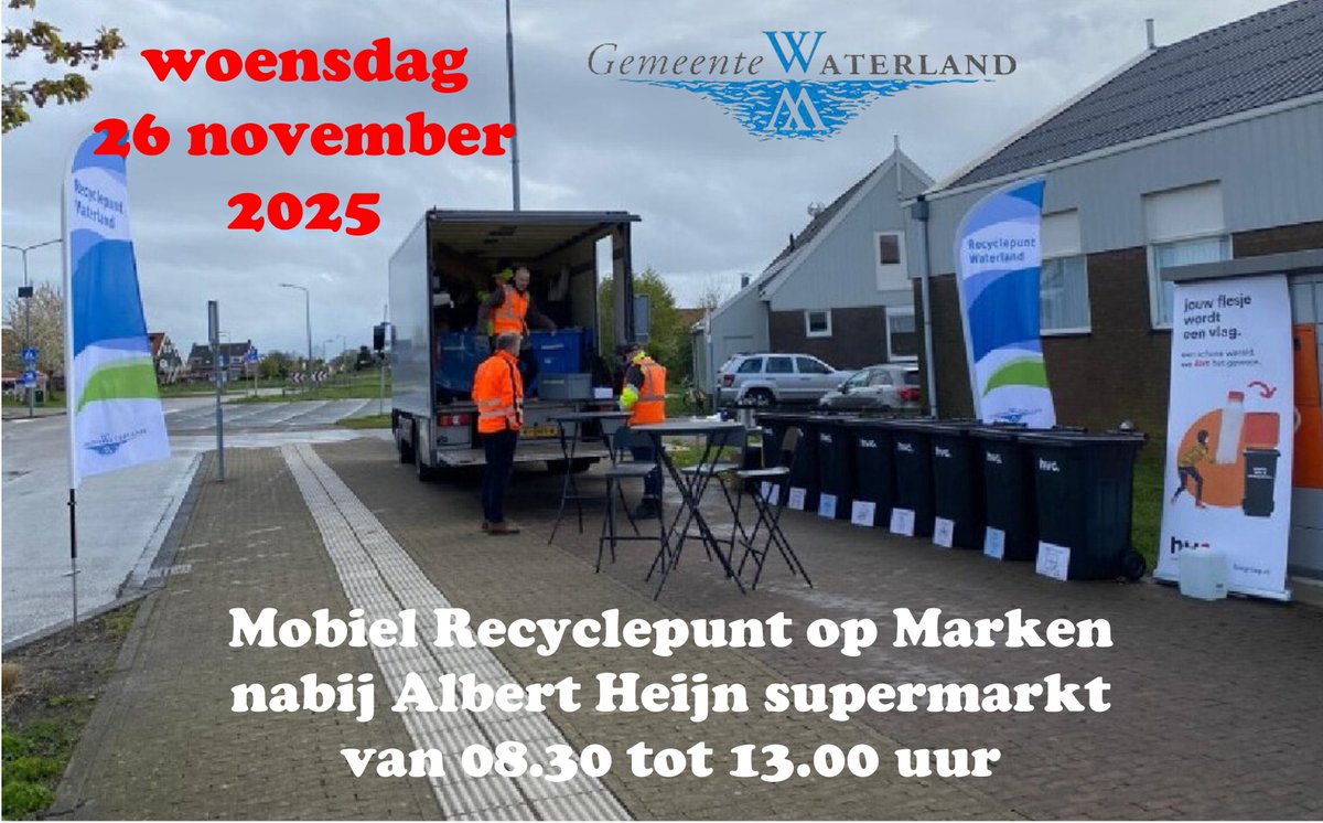 MarkerNews's tweet photo. Het Mobiel Recyclepunt staat woensdag 26 november 2025, tussen 08.30 en 13.00 uur, nabij de Albert Heijn supermarkt op Marken.
βΉοΈ https://t.co/gRGd8ZANKy
#Marken #Boxenring #AlbertHeijnMarken #recylcepunt #KCA #ChemischAfval #mobielrecyclepunt @PetravanLint https://t.co/eakWqJcR7y
