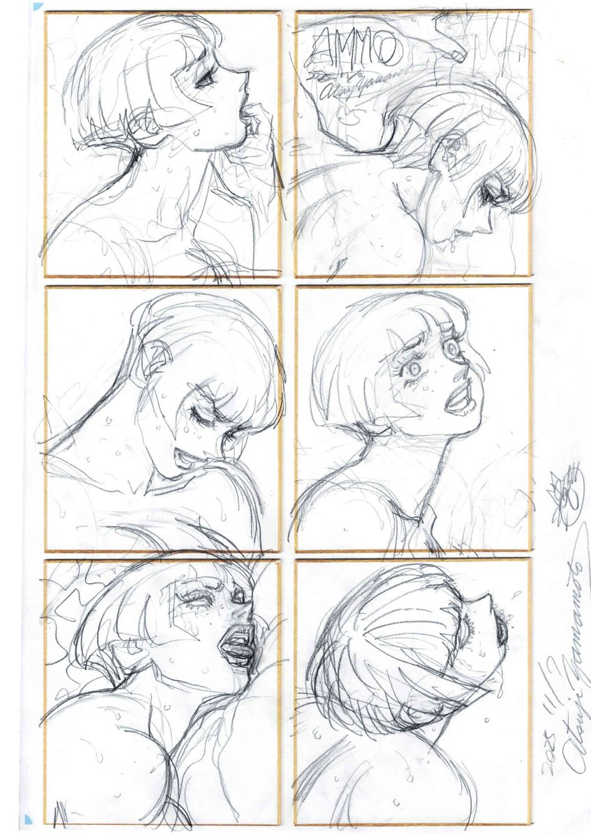 本日最終納品を会場に発送。サイン入り古書4冊と先日ご好評でしたアモウ顔芸ミニ色紙の新作6点です。カラーでアップはセンシティブになりそうなので画像はグレスケ（実物はフルカラーです）
◆「山本貴嗣作品展」 2025年11月20日～11月25日 | GALLERY リトルハイ little-high.com/?tsch=%e2%97%8…