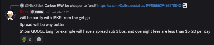 I read this in the <a href="/CarbonTerminal/">Carbon</a>  dc server, and if true, this could position them among the top Perp DEXs for RWA pairs

&gt; They plan to launch the vault in Q4, and soon after, they will launch 200+ CFDs (stocks, forex, commodities)

&gt; Starting from Day 1, there will be parity