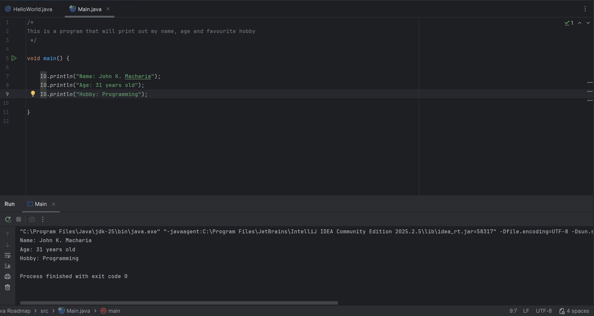 kinyaanjui's tweet image. Now, the compiler implicitly declares the class for you, and you can use a simpler void main() method. There is also a new, simplified IO class in java.lang package for basic console I/O, which is implicitly imported.
#Java 
#JavaDev 
#JavaProgramming 
#JDK25