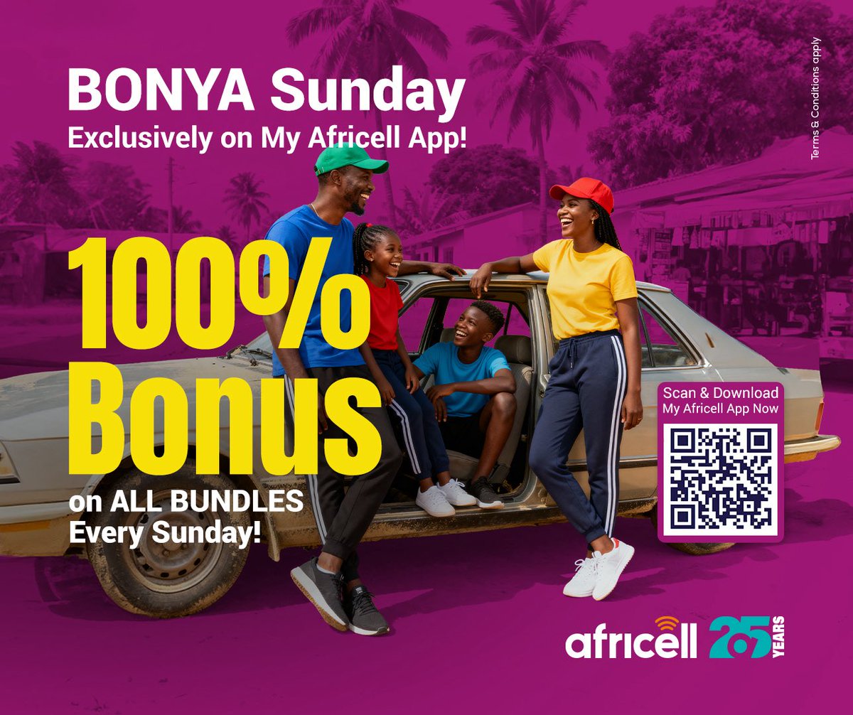 Bonya Sunday sef don kam🔥😉.

You can now enjoy a 100% BONUS on ALL BUNDLES every Sunday when you buy through our MyAfricell App📲. 

From our daily to monthly data packages to social media bundles, Ya! Mix Plus, and more… everything now gives you DOUBLE the DATA 📱🙌🏾

Click