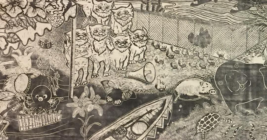 minorcomps's tweet image. Excerpt from Okinawa Chōju giga (The Okinawa Scroll of Frolicking Animals), 0.9 meters x 3.9 meters. Exhibited in the “No Nukes No War Today” exhibition 2015. It was produced by demonstrate solidarity with protests against the building of military bases in Okinawa.