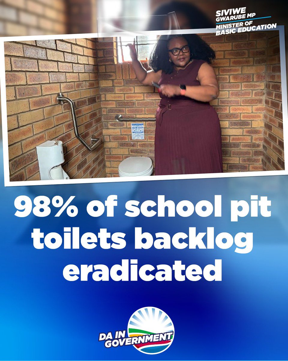 Our_DA's tweet image. 💙 From fear to dignity. From danger to safety. 98% of the pit toilets backlog in schools has been eradicated.

This milestone means thousands of South African children now have access to proper and safe sanitation.