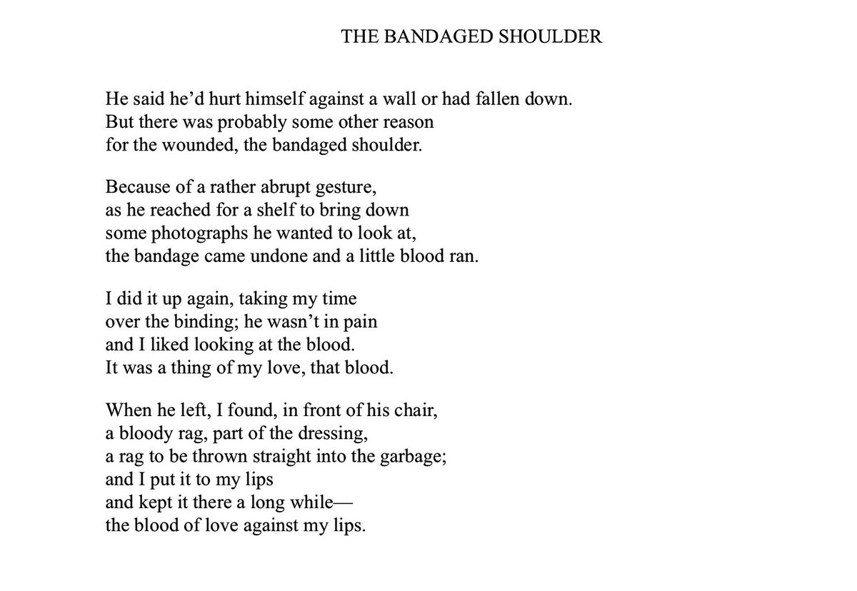 “It was a thing of my love, that blood.”

– C.P. Cavafy, “The Bandaged Shoulder”, translated by Edmund Keeley and Philip Sherrard.