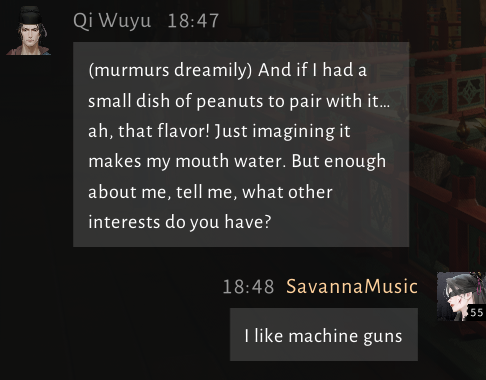 ShimaCorvid's tweet photo. The AI NPC conversations are such a fun idea.. cant believe that worked out. https://t.co/fd8YlFg9xj