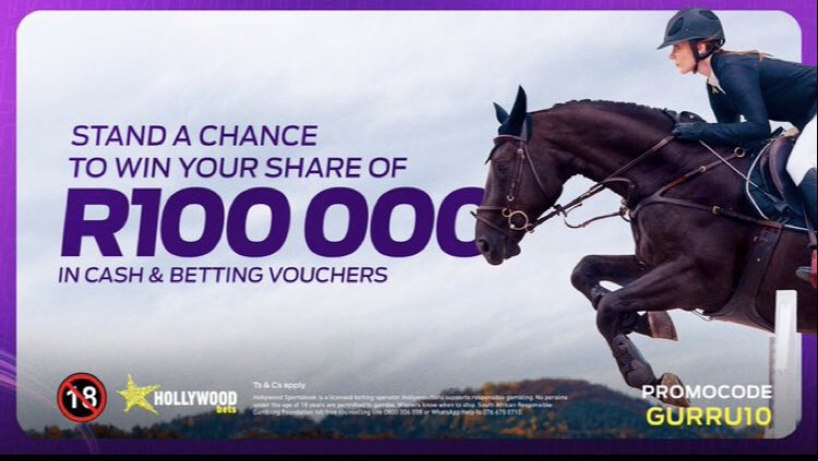 Win R100k on <a href="/Hollywoodbets/">Hollywoodbets</a> now when you bet for horses 🐎 🥳.

Use promo code: GURRU10 for R25 signup bonus + 50 Free Spins. 🎁
Link: bit.ly/GURRU10

Ts&amp;Cs apply 18+ 
 Hollywoodbets 
#SignUpOnHollywoodbets
SignUpOnHollywoodbets