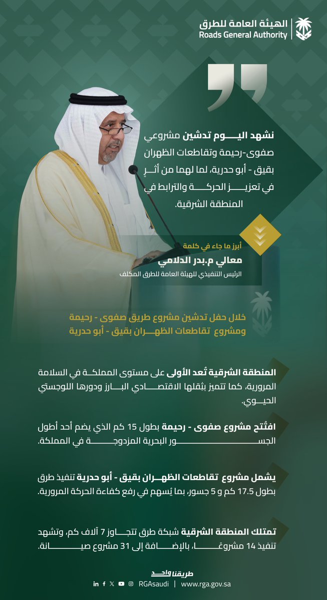 RGAsaudi's tweet photo. "نشهد اليوم تدشين مشروعي صفوى - رحيمة، وتقاطعات الظهران بقيق - أبو حدرية، لما لهما من أثرٍ في تعزيز الحركة والترابط في المنطقة الشرقية."

جانب من كلمة معالي الرئيس التنفيذي للهيئة م. بدر الدلامي. https://t.co/6Sq9p3Kifx