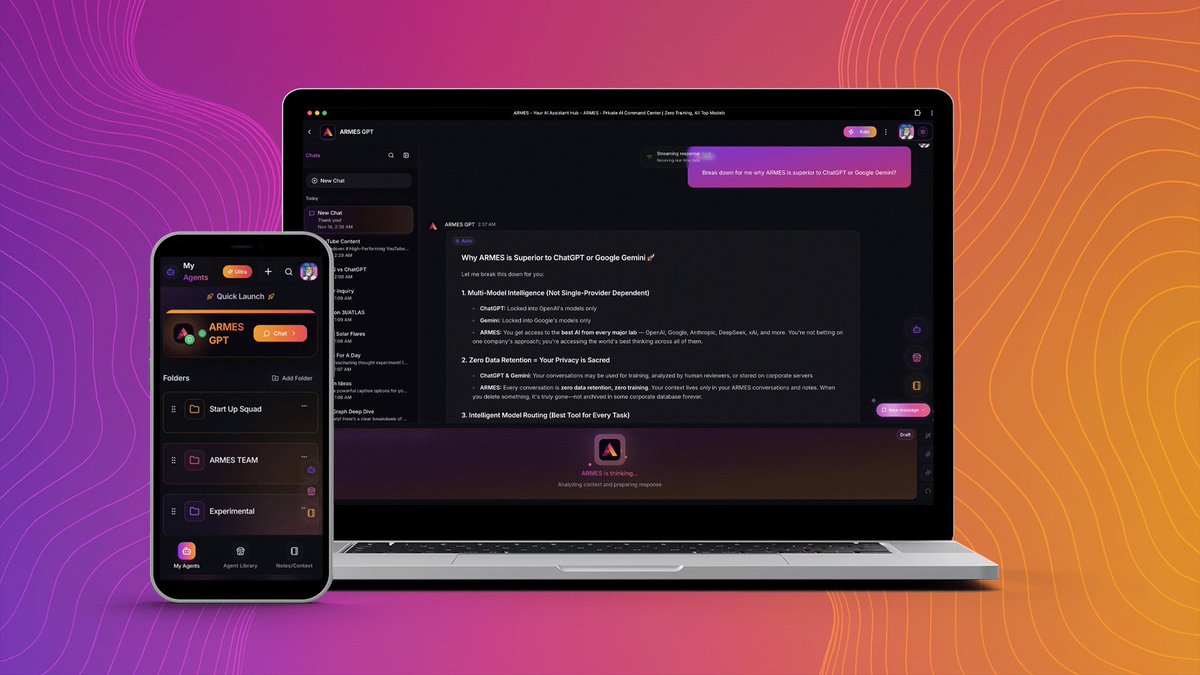 armesai's tweet image. Command the world&apos;s best AI (OpenAI, Google, Anthropic) while remaining invisible to them. Big AI has no record. They hold zero context. They own zero data. Your ideas. For your eyes only. 👀
ARMES.ai
#PrivateAI #privacy #PrivacyTech  #privacybydesign…
