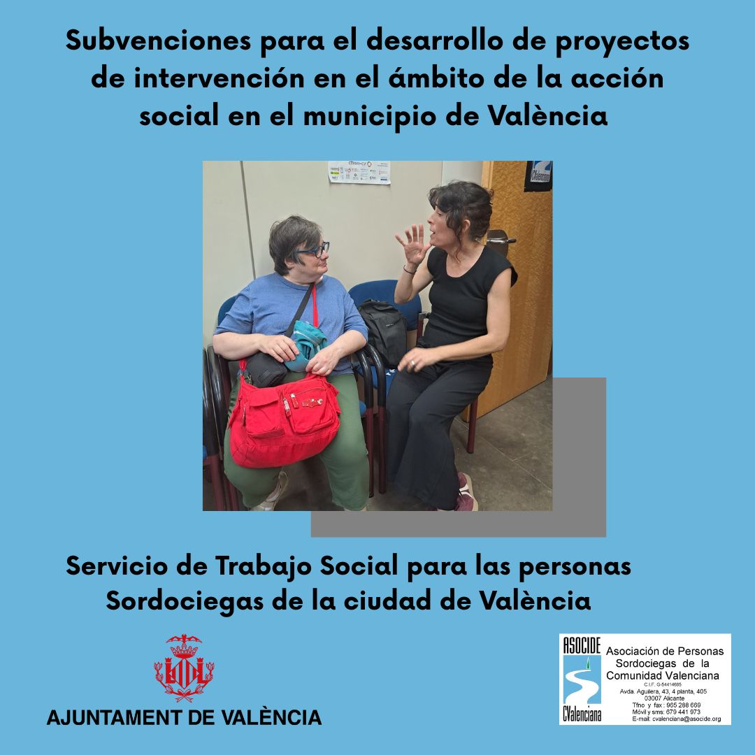 ASOCIDECV's tweet photo. @IgualtatVLC de @AjuntamentVLC , en las Subvención de Acción Social nos ha concedido 14.465,67€ para el programa Servicio de Trabajo Social para las personas Sordociegas de la ciudad de València. Seguimos facilitando la inclusión social de las personas Sordociegas en Valencia. https://t.co/qy44r3RSqD