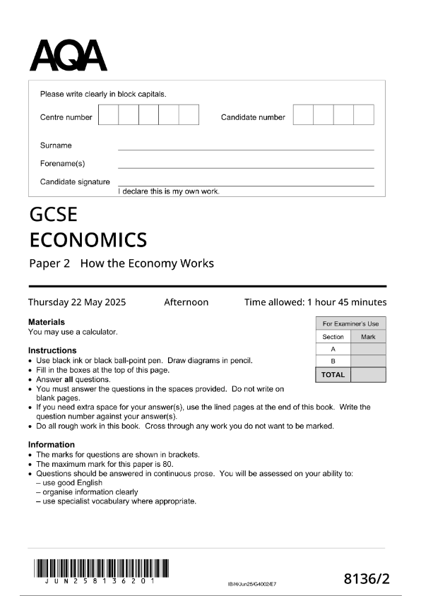 GuidesExam's tweet image. 2025 AQA GCSE Economics Paper 2 (8136/2: How the Economy Works)stuvia.com/doc/9738010/20… #8136/2 #Economicspaper2 #2025 AQA GCSE Economics Paper 2