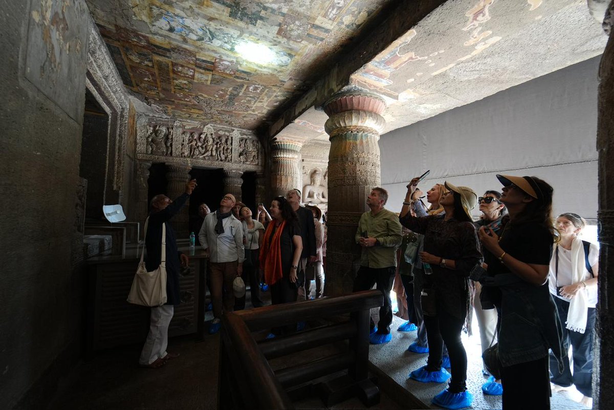 SopaanIndia's tweet photo. A journey not just through space, but through 2,000 years of time. The Ajanta Caves are an unbelievable testament to ancient artistry and devotion. Standing here, surrounded by the world's earliest surviving Buddhist murals, is an unforgettable experience. https://t.co/RqL5QEZCtn