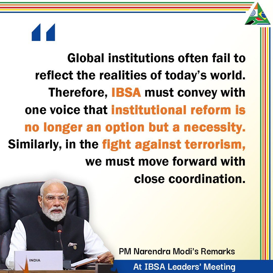 airnewsalerts's tweet image. Highlights of PM @narendramodi’s remarks at the IBSA Leaders’ meeting:

&quot; IBSA is not just a group of three countries, it is an important platform connecting three continents, three major democratic powers, three major economies: &quot; PM Modi 

#IBSALeadersMeeting | #PMModi |…