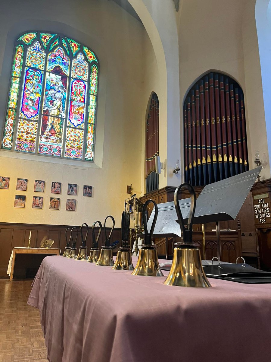 WilliamJagger4's tweet photo. St Paul's Episcopal church Sacramento,  California ready for handbell practice. The window is dedicated the first organist and features St. Cecilia the patron Saint of musicians. https://t.co/ILDtKUTB7U