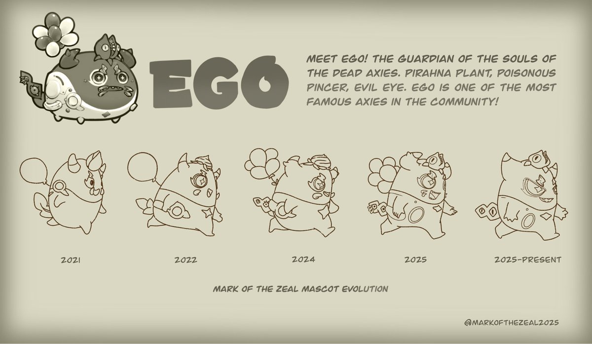 From Mystic Axie #4218 → to the official <a href="/MarkofTheZeal/">MoTZ</a> mascot.

Ego’s design has evolved every year… and this is the full progression leading into 2026!

Which year is your favorite <a href="/Ronin_Network/">Ronin</a>??