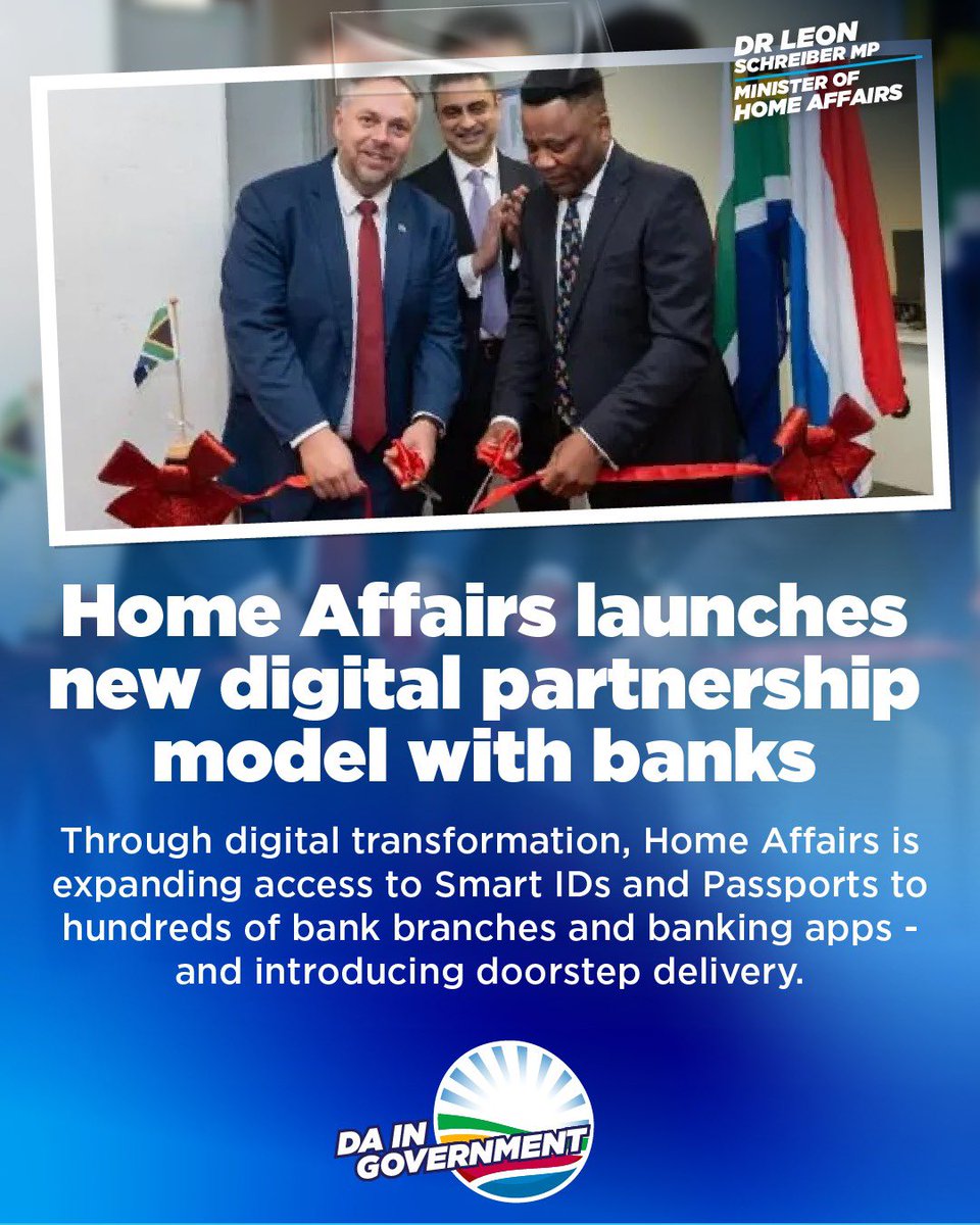Our_DA's tweet image. 👋 Say goodbye to long queues: Smart IDs and passports are coming to your bank branch, your banking app, and even your front door.

Minister Dr Leon Schreiber is bringing Home Affairs @ Home, through digital transformation.

The DA is committed to better delivery. 🇿🇦