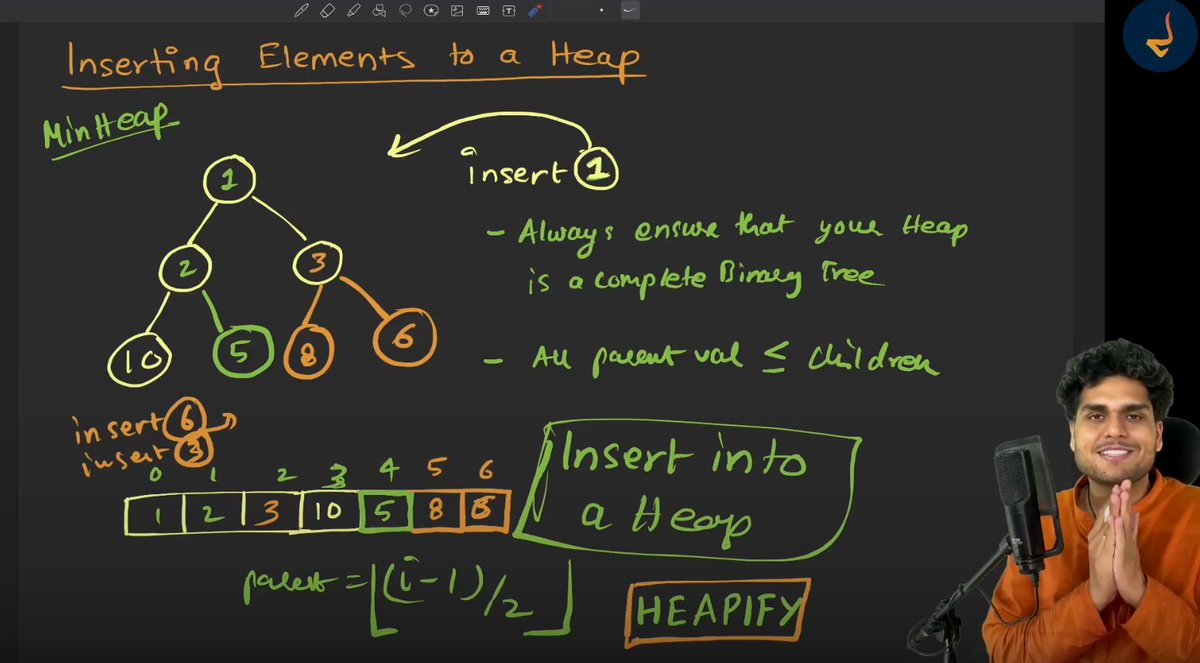 Zaryab_005's tweet image. 📘 Day 86 of DSA

Learned about Heaps!

Array-based heap representation

Formulas:
• Left → 2*i + 1
• Right → 2*i + 2
• Parent → (i - 1)/2

Insert, Delete (from root), Pee
Heapify to maintain heap structure

#NamasteDSA #javascriptlearning