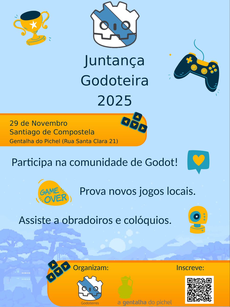 Este sábado 29 reuniremo-nos no Pichel para uma jonada a portas abertas na que as pessoas interesadas poidan conhecer e mesmo aprender mediante obradoiros e coloquios sobre o motor de videojogos aberto e de código livre Godot!  Mais informaçom em blogs.amarinha.gal/godoteires/.