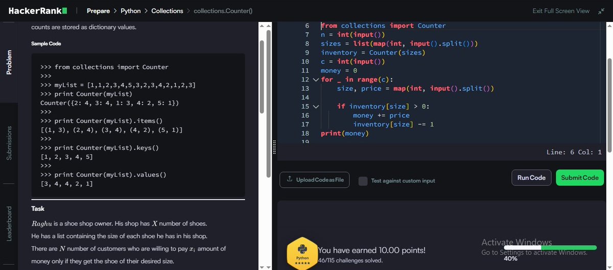 MRout75802's tweet image. Day 63/100 ✅
💡 Challenge: collections.Counter() – Shoe Shop Problem
🔹 Practiced using Counter to track inventory
🔹 Sold shoes based on availability
🔹 Updated stock in real time
🔹 Calculated total earnings from customers
#Python #100DaysOfCode #HackerRank #zigbee