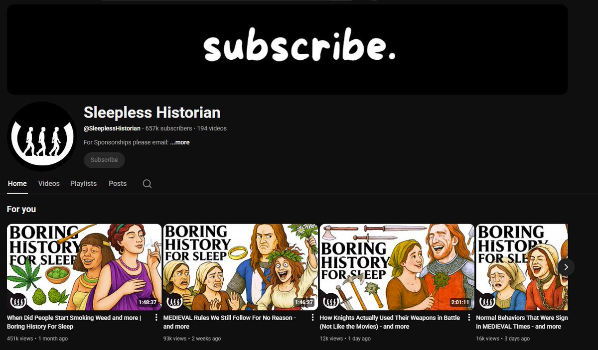 grundstromleo's tweet photo. you don't need to be an expert to make money on youtube

you just need to find what's already working and copy it

here's exactly how:

step 1: find a channel crushing it

take "Sleepless Historian" for example

657K subs with 194 videos in just 7 months

they post about boring history topics but they make sure to package it in a way people actually want to watch

step 2: copy their format

all their videos are 100% AI:

- chatgpt finds the stories/ideas
- claude writes the scripts
- AI voiceover reads it
- AI images match the script
- simple editing in capcut (takes like 30 mins) (a VA can do this, if you show him how) 

step 3: post a lot

this dude posted 194 videos in 7 months

that's like 6 videos a week

that’s why he’s made it to 600k+ subs…

cuz he found what works and kept posting