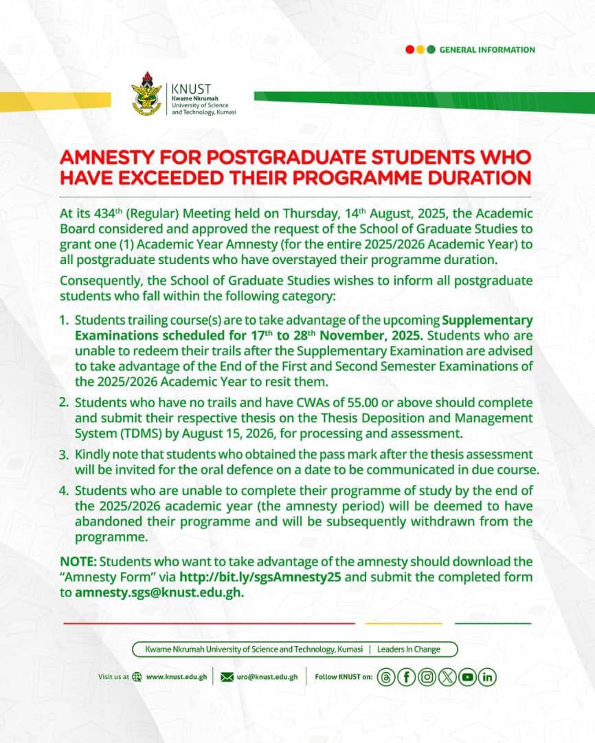 GRASAGKNUST's tweet image. KNUST Announces Amnesty for all Postgraduate Students!

If you’ve exceeded your programme duration, this is your chance to complete your studies. 📌🎓📚

#DoSA-KNUST #KNUST #GRASAG-KNUST