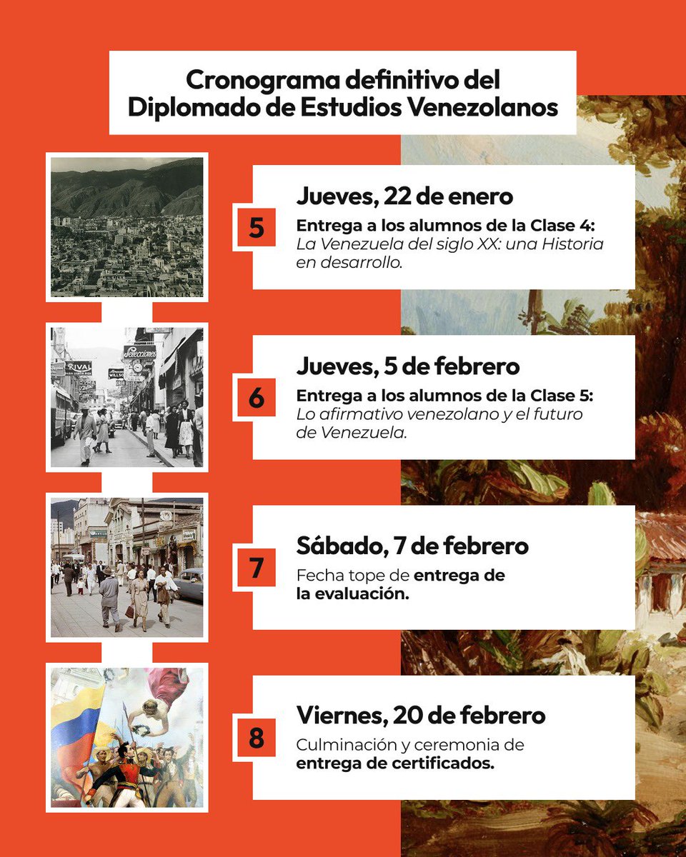 🇻🇪 Cronograma definitivo del Diplomado de Estudios Venezolanos.

Ya culminada la primera ronda de encuentros, les compartimos el calendario de las clases y de la evaluación única para la obtención del certificado del Diplomado. 

¡Nos seguimos viendo pronto!