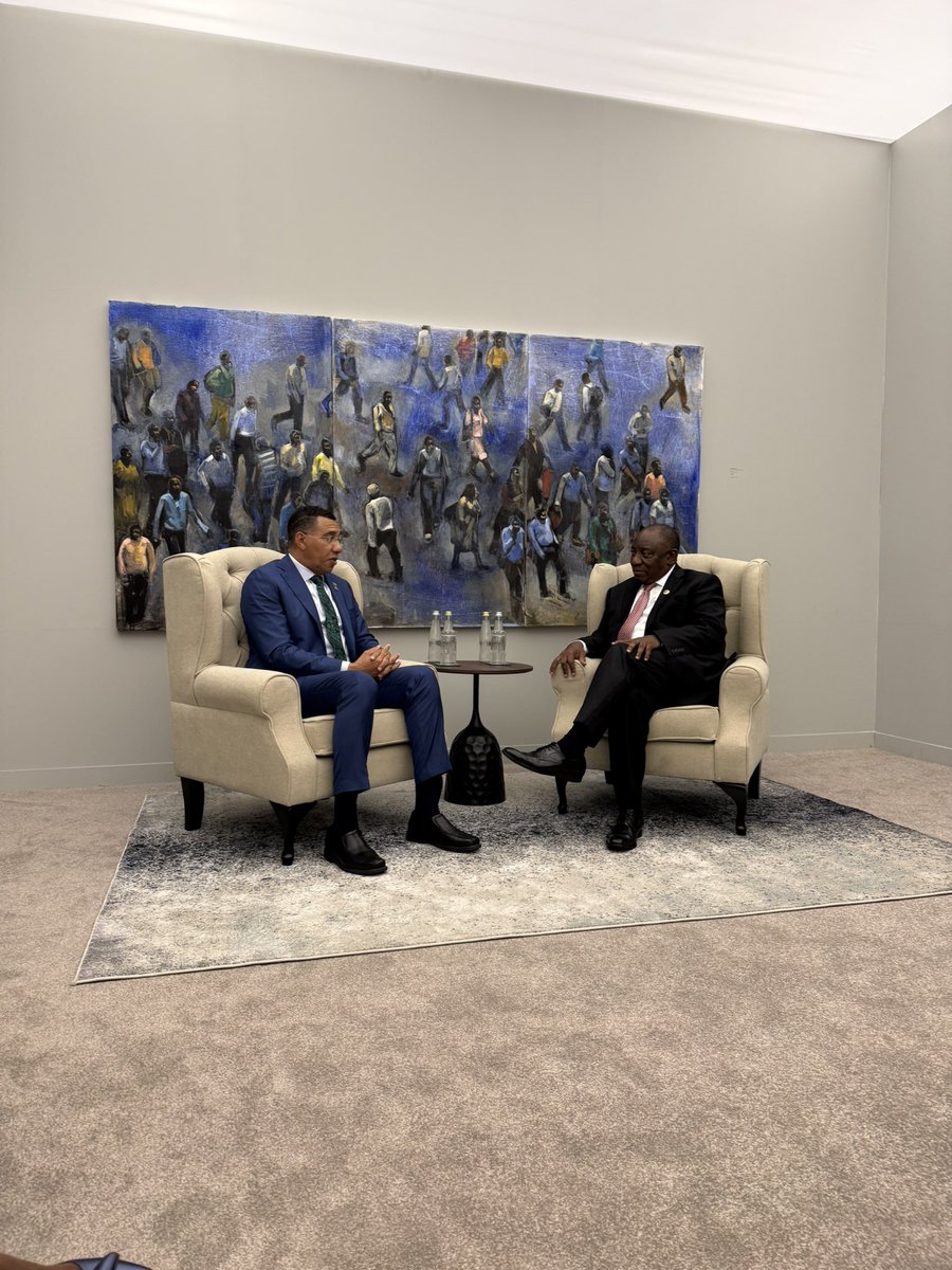 AndrewHolnessJM's tweet photo. I had the great pleasure of meeting with His Excellency President Cyril Ramaphosa here in South Africa,  host nation for the G20. 

I expressed my appreciation at being invited to the G20 where nations are gathered to discuss critical issues, many of which relate to Jamaica. In particular, I am pleased at the importance being placed on climate change, especially as Jamaica navigates the aftermath of Hurricane Melissa.

It is important that our voices be heard and that we are present in fora such as these where we can engage in essential discussions and forge partnerships as we look towards our long-term national recovery and long-term development priorities.

Our conversation also touched on the rich potential for cultural exchange and collaboration, particularly through South Africa’s renowned film industry and well as opportunities in trade, travel, and tourism. 

I extended a warm invitation for President Ramaphosa to visit Jamaica, and we discussed how we can continue to work together in meaningful ways towards the best outcomes for both our nations.

This engagement highlights a significant step in deepening the bonds between our nations and advancing shared prosperity, cooperation, and global solidarity.
