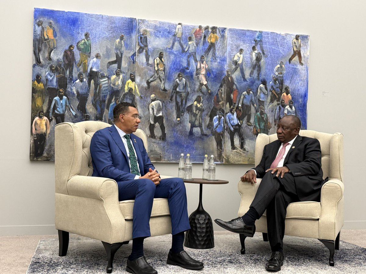 AndrewHolnessJM's tweet photo. I had the great pleasure of meeting with His Excellency President Cyril Ramaphosa here in South Africa,  host nation for the G20. 

I expressed my appreciation at being invited to the G20 where nations are gathered to discuss critical issues, many of which relate to Jamaica. In particular, I am pleased at the importance being placed on climate change, especially as Jamaica navigates the aftermath of Hurricane Melissa.

It is important that our voices be heard and that we are present in fora such as these where we can engage in essential discussions and forge partnerships as we look towards our long-term national recovery and long-term development priorities.

Our conversation also touched on the rich potential for cultural exchange and collaboration, particularly through South Africa’s renowned film industry and well as opportunities in trade, travel, and tourism. 

I extended a warm invitation for President Ramaphosa to visit Jamaica, and we discussed how we can continue to work together in meaningful ways towards the best outcomes for both our nations.

This engagement highlights a significant step in deepening the bonds between our nations and advancing shared prosperity, cooperation, and global solidarity.