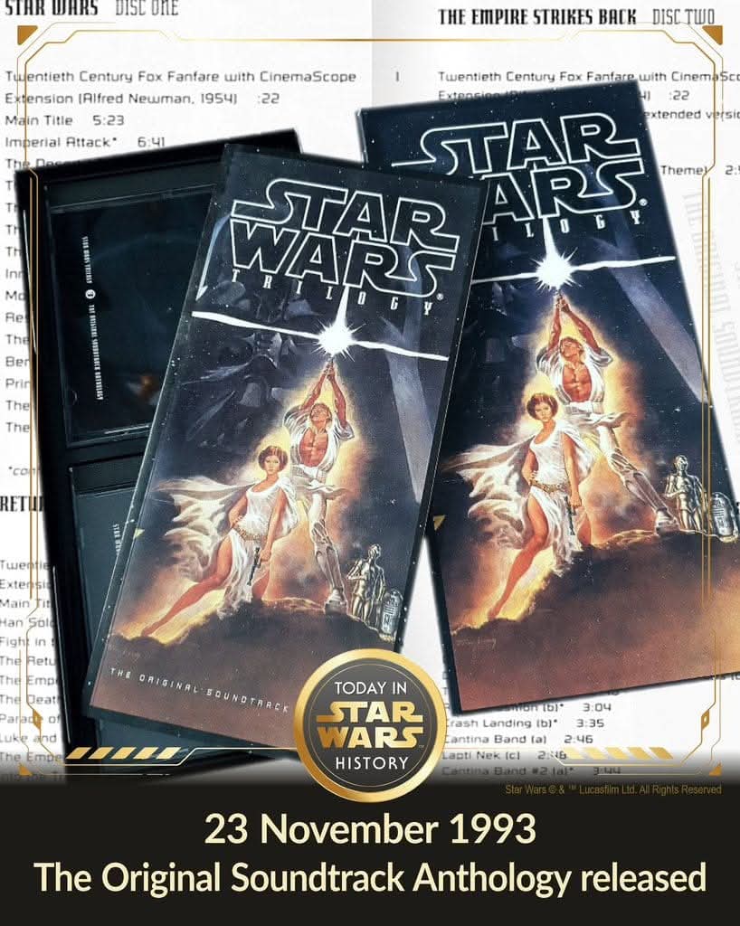 DaveBuzan's tweet image. The &quot;Star Wars Trilogy: The Original Soundtrack Anthology&quot; was released on this day in 1993. This four-CD compilation by Arista Records contained the John Williams scores from all three original trilogy films, plus a disc of previously unreleased cues. 

While not definitive, it…