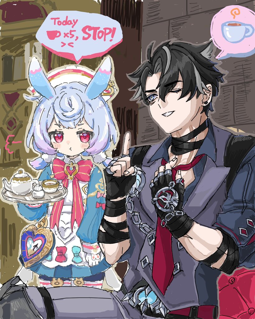 masikII_13_'s tweet image. 絵チャ合作🍵
公爵お誕生日おめでとう🎉(遅刻)
#リオセスリ生誕祭2025