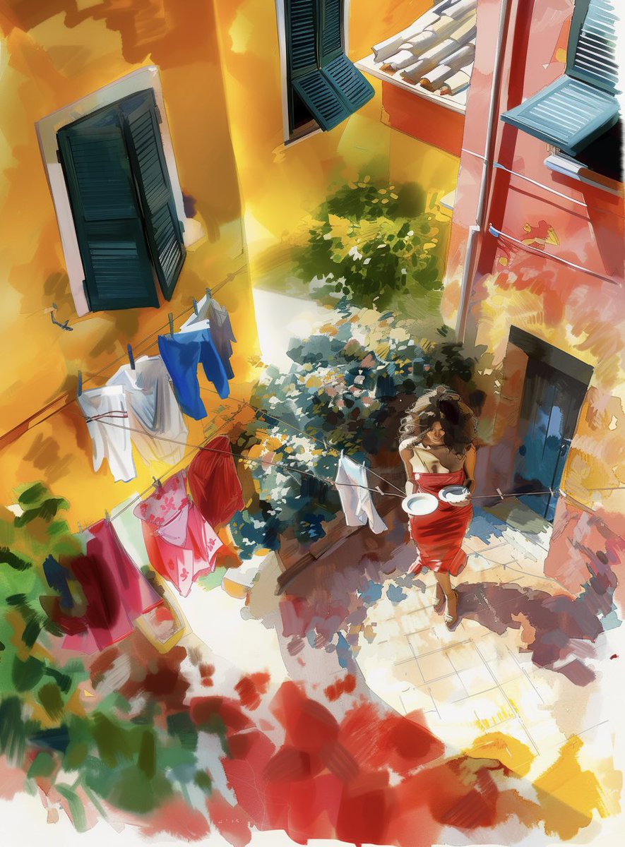 A vivid, sun-drenched courtyard scene, distinctly impressionistic, loose, and with expressive brush strokes adding colour and light.

A wonderfully evocative, voyeuristic glance into a beautifully ordinary moment, and a charming slice of life by <a href="/Ma_Do_23/">Marina</a>.

I wish I was here..